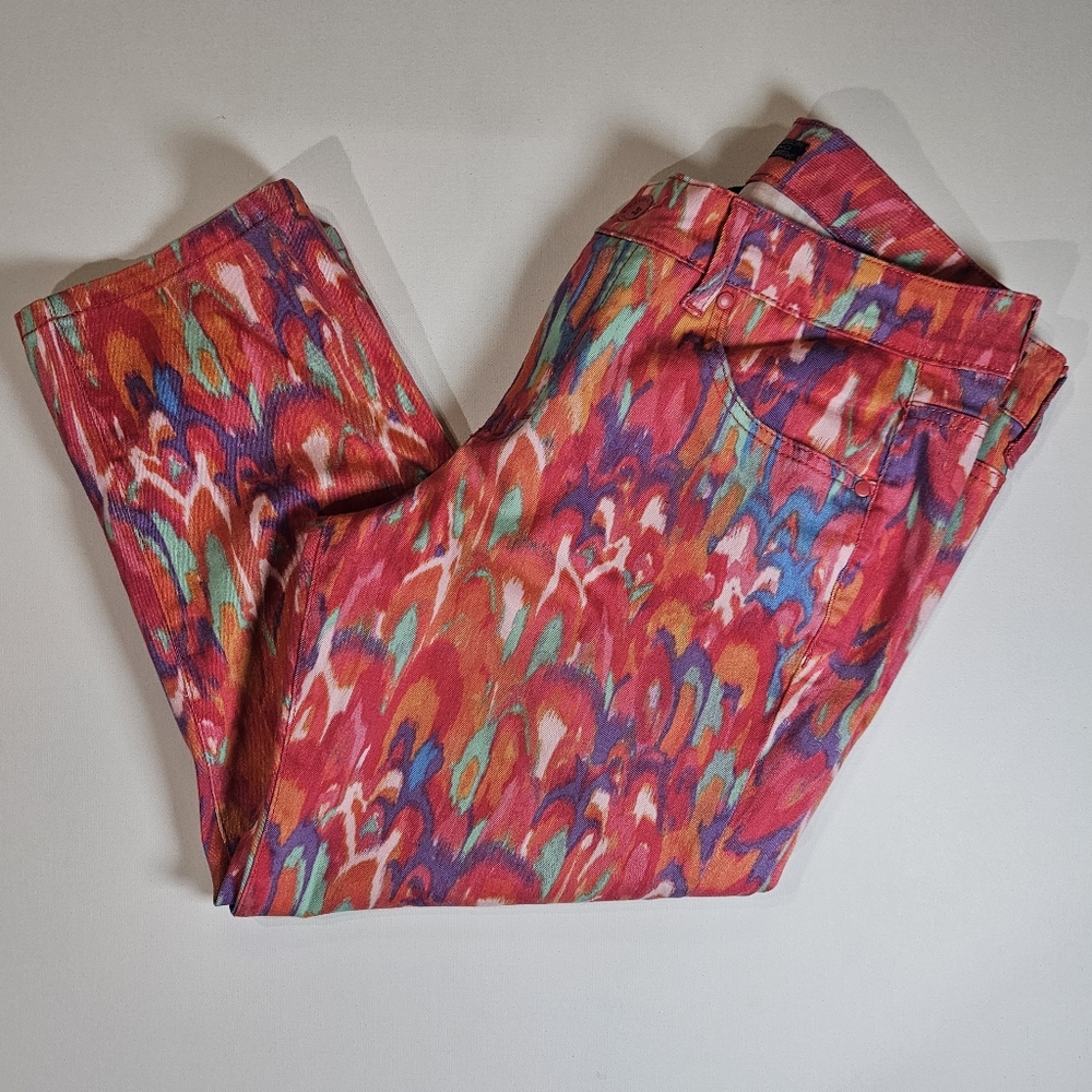 Bandolino Cropped Stretch Capri Pants Womens Size 12 Orange‎ Teal Abstract Print